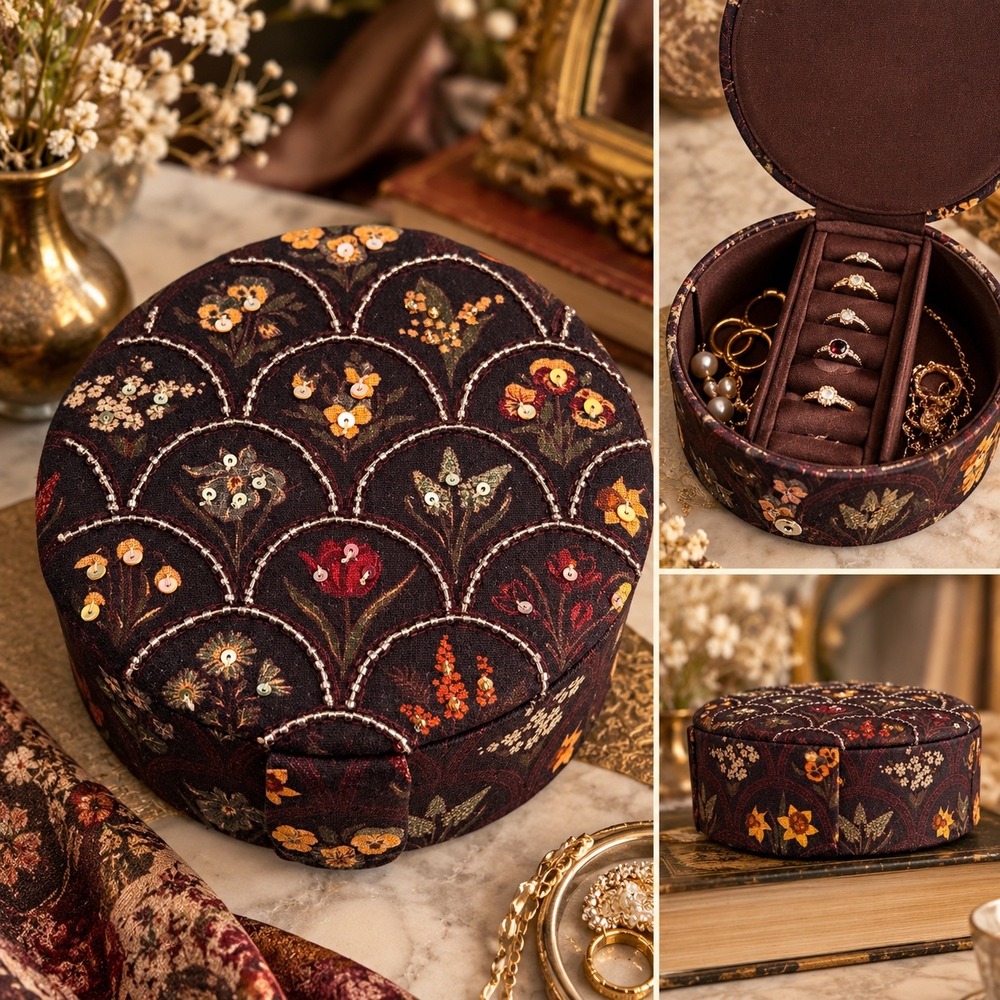 Made in India NWT Beaded Floral Jewelry Ring Box Dark Cottagecore